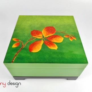 Green square lacquer box hand-painted with Indian almond branch 25 cm